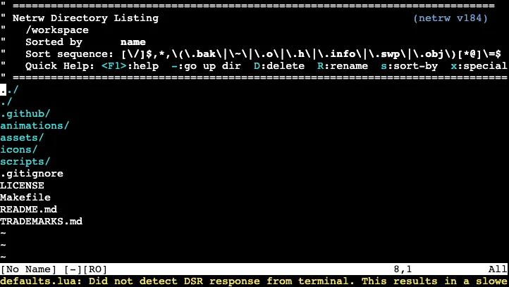 Neovim running in the browser on the LuzTech typography repository at the root folder