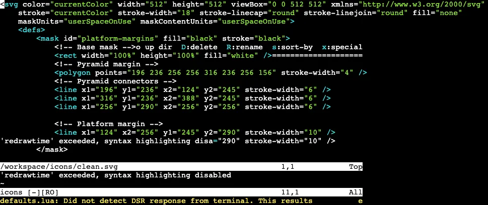 Neovim running in the browser on the LuzTech typography repository with the clean.svg file open